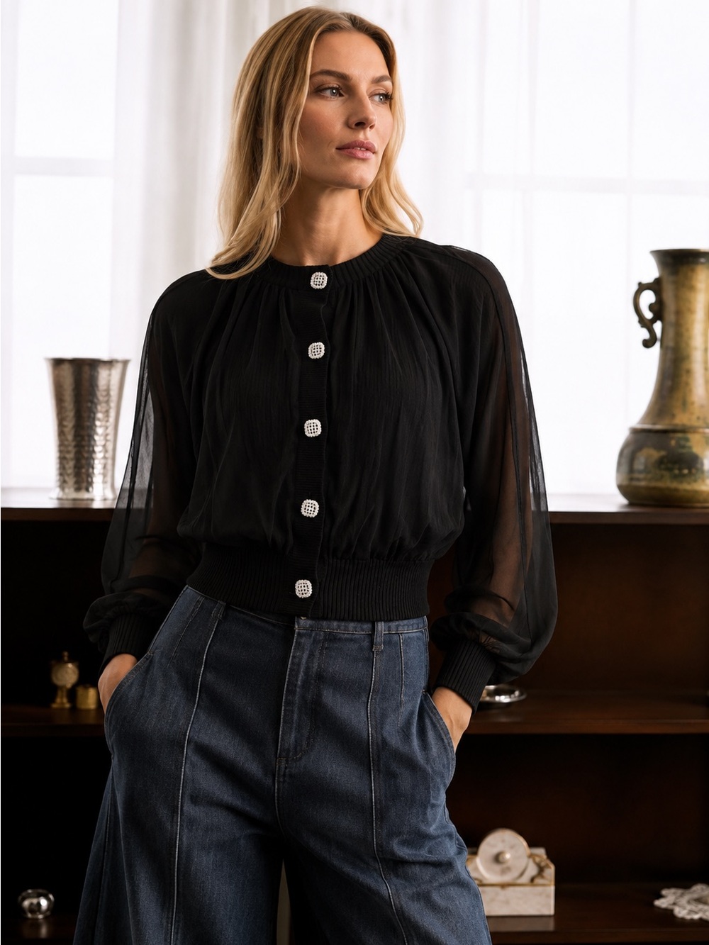 Black Button-Front Cardigan